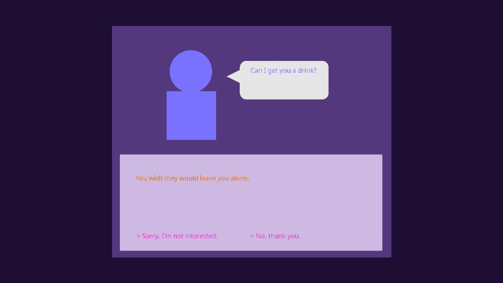 A screenshot of a discarded game idea, showcasing a blue character trying to offer a drink via dialogue, and some player options on how to reject it.